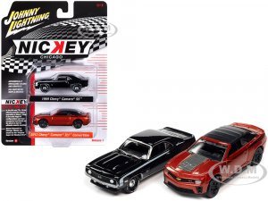1969 Chevrolet Camaro SS Black with White Stripes and 2013 Chevrolet Camaro ZL1 Convertible Inferno Orange Metallic with Black Top and Stripes Nickey Chicago Set of 2 Cars 2-Packs 2023 Release 1