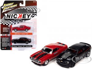 1969 Chevrolet Camaro SS Red with Black Stripes and 2013 Chevrolet Camaro ZL1 Convertible Black with Red Stripes and Interior Nickey Chicago Set of 2 Cars 2-Packs 2023 Release 1