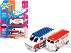 1965 Volkswagen Type 2 Transporter Van White w  Red Top Schwinn & 1976 Ford Econoline Van White with Red & Blue Graphics Mongoose USA Factory Team BMX Freestyle Set of 2 Cars 2-Packs 2023 Release 2