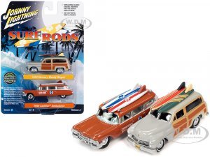 1950 Mercury Woody Wagon Dakota Gray with Wood Panels & Surfboards on Roof & 1959 Cadillac Ambulance Dull Red w/ Surfboards on Roof Cocoa Beach Rescue Patrol Surf Rods Set of 2 Cars 2-Packs 2023 Release 2