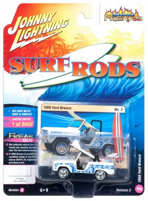 1966 Ford Bronco with Surf Board White and Blue Designs Street Freaks