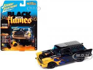 1957 Chevrolet Nomad Draggin Wagon Black with Blue and Yellow Flames Black with Flames