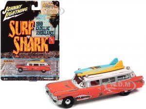 1959 Cadillac Ambulance Red with White Top Malibu Beach Rescue (Weathered) with Surfboards on Roof Surf Shark Street Freaks Series