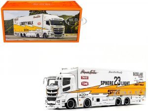 Mitsubishi Fuso Super Great Transporter RHD (Right Hand Drive) #23 Liberty Walk LB-Trucks White with Yellow Stripes and Graphics