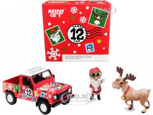 Land Rover Defender 90 Pickup Truck RHD (Right Hand Drive) #12 Santa Car Matt Red with Santa Claus and Reindeer Figurines 2021 Christmas Edition