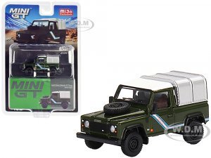 Land Rover Defender 90 Pickup Truck Bronze Green with White Top and Silver Camper Shell