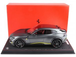 Ferrari Purosangue Matt Silverstone Gray Metallic with Yellow Stripes and Panoramic Roof with DISPLAY CASE