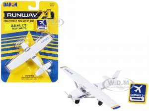 Cessna 172 Aircraft White with Blue and Yellow Stripes N470ES with Runway 24 Sign