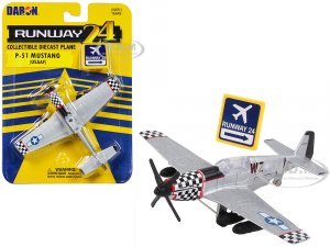 North American P-51 Mustang Fighter Aircraft Silver Metallic United States Army Air Force with Runway 24 Sign