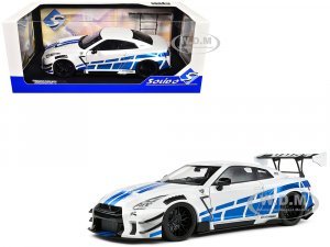 2024 Nissan GT-R (R35) RHD (Right Hand Drive) with Liberty Walk 2.0 Body Kit White Metallic with Blue Stripes For Paul Tribute