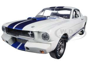 1965 Ford Mustang Shelby GT350R White with Blue Stripes and Printed Carroll Shelbys Signature on the Roof