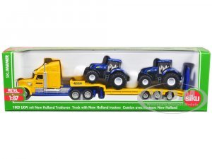 Tractor Truck Yellow with 2 New Holland T7070 Tractors Blue  (HO)