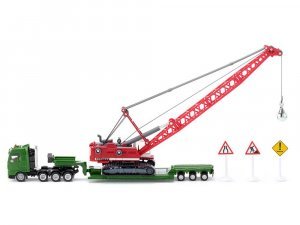 Heavy Haulage Transporter Green and Liebherr Cable Excavator Red with Wrecking Ball and Signs  (HO)