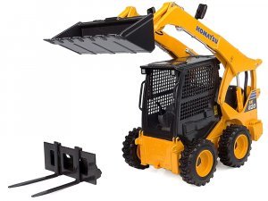 Komatsu SK820 Skid Steer Loader Yellow with Bucket and Fork