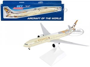 Boeing 777-300ER Commercial Aircraft with Landing Gear Etihad Airways (A6-ETA) Beige with Tail Graphics (Snap-Fit) Plastic Model by Skymarks