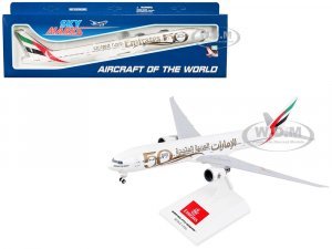 Boeing 777-300ER Commercial Aircraft with Landing Gear Emirates Airlines - 50th Anniversary (A6-EPO) White with Tail Graphics (Snap-Fit) Plastic Model by Skymarks
