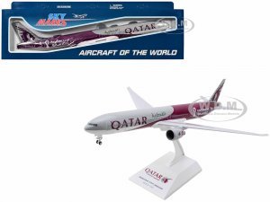 Boeing 777-300 Commercial Aircraft with Landing Gear Qatar Airways - FIFA World Cup Qatar 2022 Gray and Dark Red (Snap-Fit) Plastic Model by Skymarks
