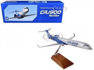 Bombardier CRJ900 Commercial Aircraft CRJ900 Next Gen Silver Metallic and Blue with Wood Stand (Snap-Fit) Plastic Model by Skymarks