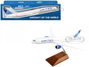 Boeing 787-10 Dreamliner Commercial Aircraft United Airlines (N12010) White with Blue Tail and Wood Stand (Snap-Fit) Plastic Model by Skymarks
