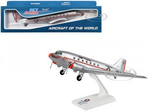Douglas DC-3 Commercial Aircraft with Landing Gear American Airlines - Flagship Tulsa (NC-18141) Silver with Red Stripes (Snap-Fit) plastic model by Skymarks