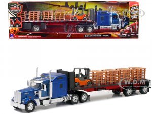 Kenworth W900 Truck with Flatbed Trailer Blue with Forklift and Pallets Long Haul Truckers Series