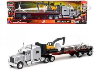 Peterbilt 389 Truck with Flatbed Trailer Silver Metallic with Excavator and Wind Turbine Long Haul Truckers Series