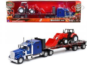 Kenworth W900 Truck with Flatbed Trailer Blue Metallic with Farm Tractor Red Long Haul Truckers Series