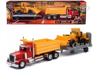 Peterbilt 379 Dump Truck Red and Wheel Loader Yellow with Flatbed Trailer Long Haul Truckers Series