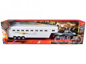 Chevrolet Silverado 2500HD Pickup Truck Gray Metallic with Horse Trailer White and Horse Figures Long Haul Truckers Series