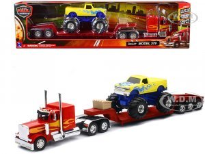 Peterbilt 379 Truck with Lowboy Trailer Red with Orange Flames and Monster Truck Yellow with Blue Flames Long Haul Truckers Series