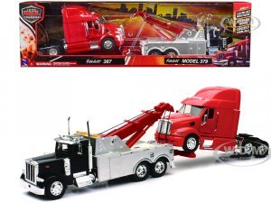 Peterbilt 379 Tow Truck Black with Peterbilt 387 Truck Tractor Red Set of 2 pieces