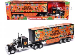 Kenworth W900 Truck Black with Graphics and Dry Van Trailer Dia De Muertos