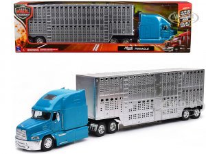 Mack Pinnacle Truck with Pot Belly Livestock Trailer Blue and Chrome Long Haul Truckers Series