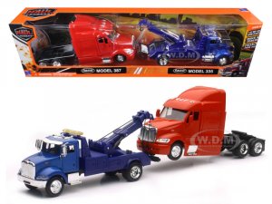 Peterbilt Model 335 Tow Truck Blue and Peterbilt Model 387 Cab Red  by New Ray
