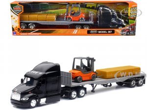 Peterbilt 387 Truck with Flatbed Trailer Black with Forklift and Hay Bales Long Haul Trucker Series