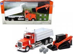 Peterbilt Dump Truck Orange and White and Kubota KX080-4 Excavator Orange and Black with Rocks