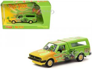 Volkswagen Caddy Pickup Truck with Camper Shell Green with Flames and Graphics Rat Fink Collab64 Series